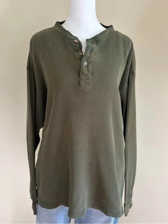 Vintage 90s grunge skater distressed henley button waffle knit shirt green L-XL - Picture 4 of 11